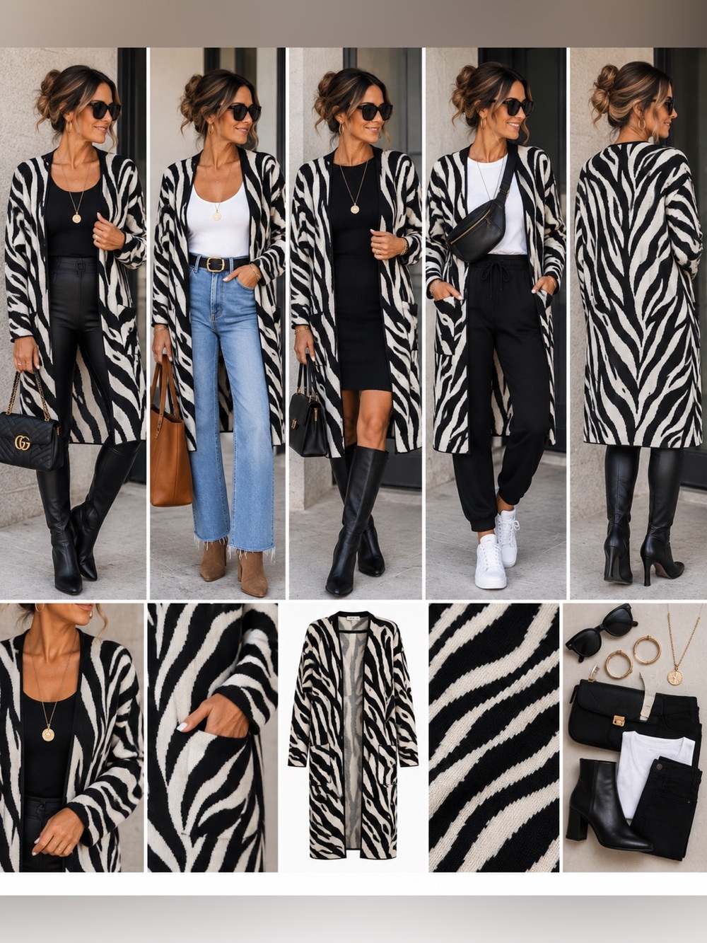 Kasper Black & White Zebra-Print Open Cardigan